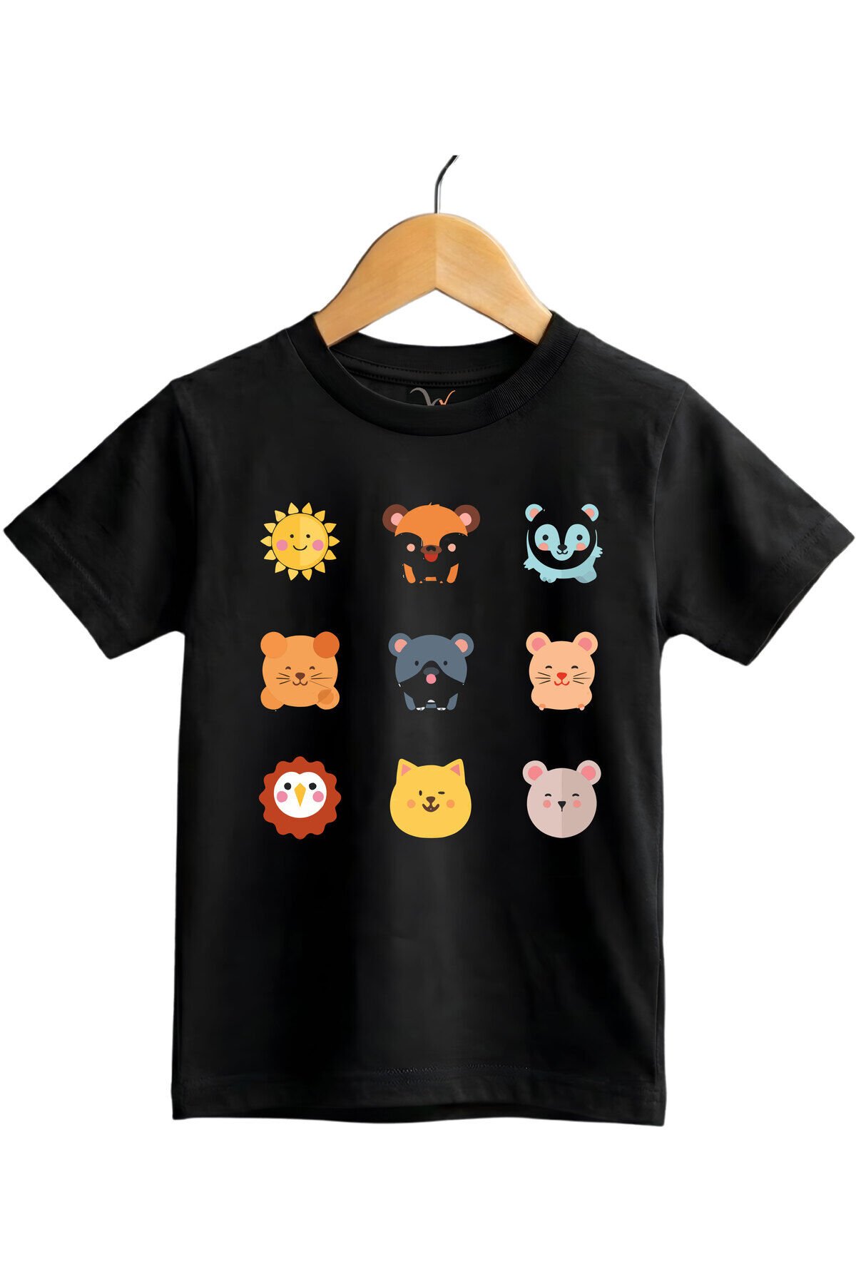 Sevimli Hayvan Yüzleri Baskılı Regular Fit %100 Pamuk Kısa Kollu Çocuk T-shirt Siyah - 9-10 Yaş