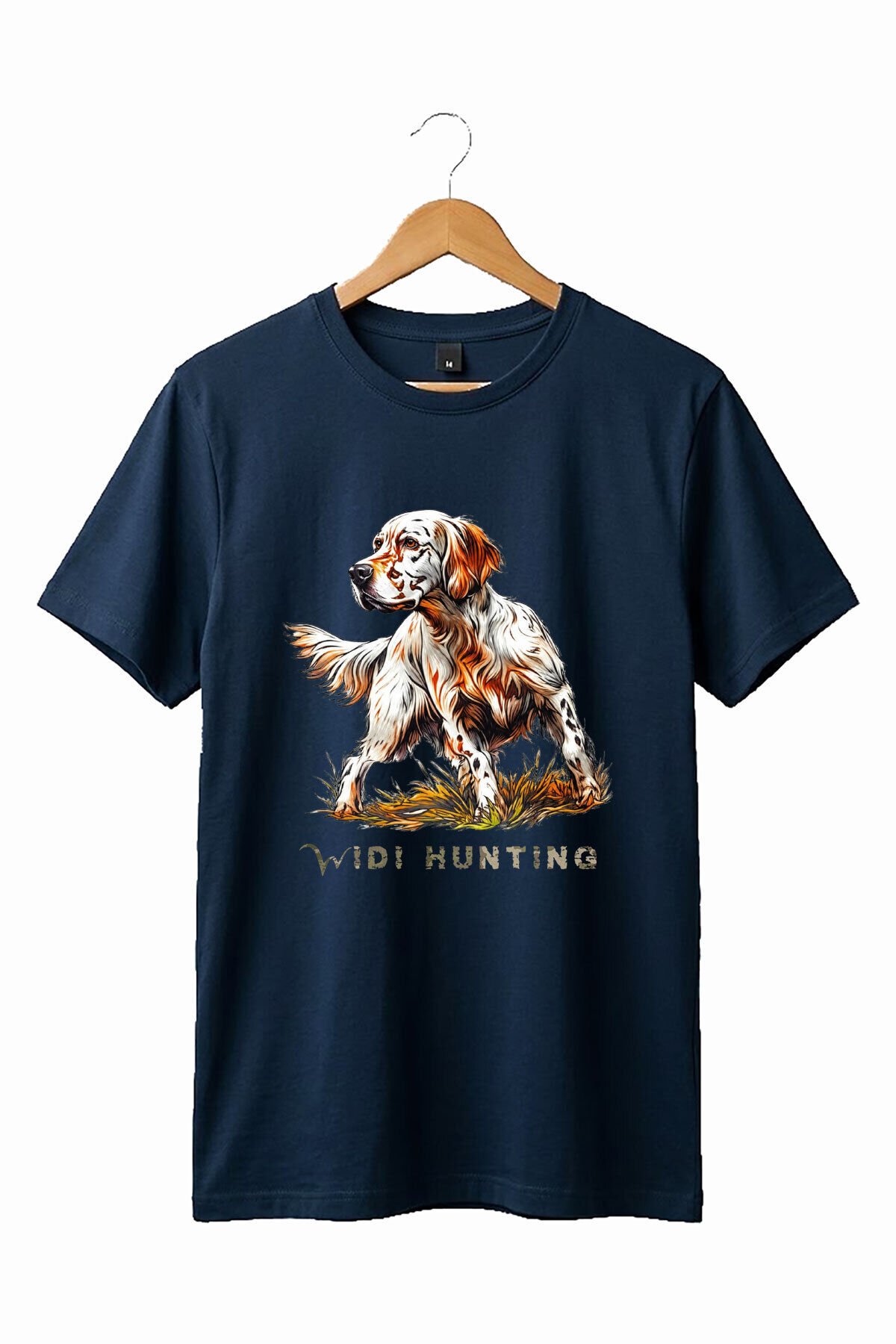 Unisex Hunting English Setter Köpek Baskılı Doğa Temalı Outdoor %100 Pamuk Basic T-Shirt Lacivert - 4XL