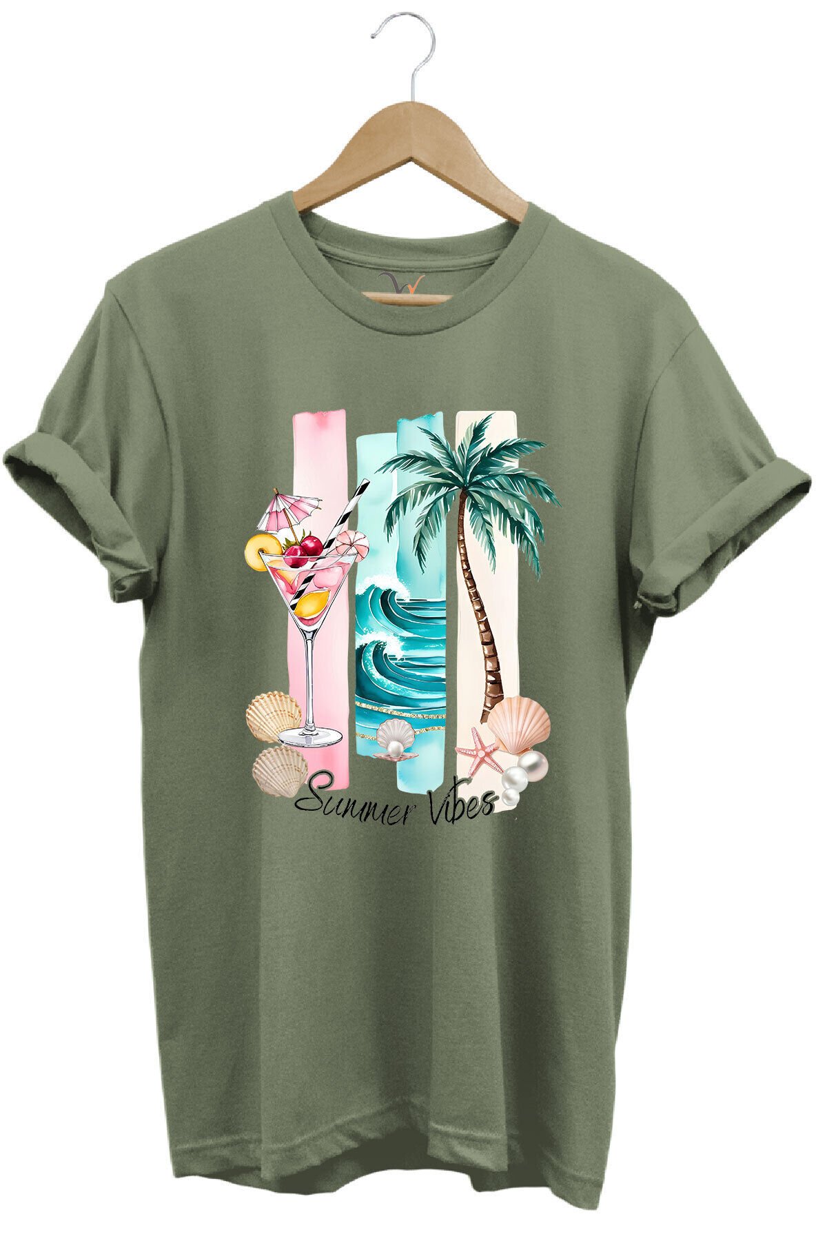 Summer Vibes Yaz Temalı Kokteyl, Palmiye ve Deniz Desenli %100 Pamuk Regular Fit T-Shirt Haki - 3XL