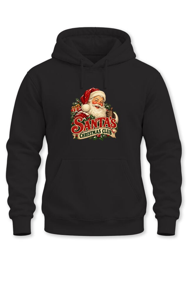 Unisex Yılbaşı Temalı Vintage Noel Baba Santa's Christmas Club Baskılı Kapüşonlu Sweatshirt Hoodie