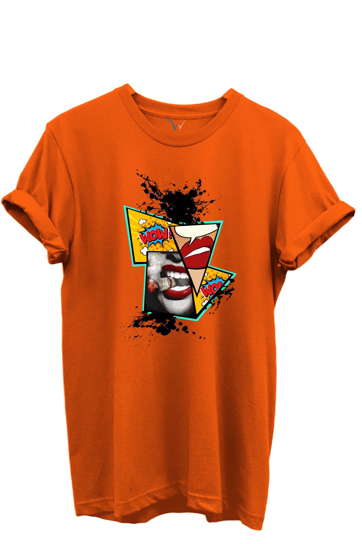 Pop Art Dudak ve Çizgi Roman Baskılı WOW Temalı %100 Pamuk Regular Fit Unisex T-Shirt Turuncu - M