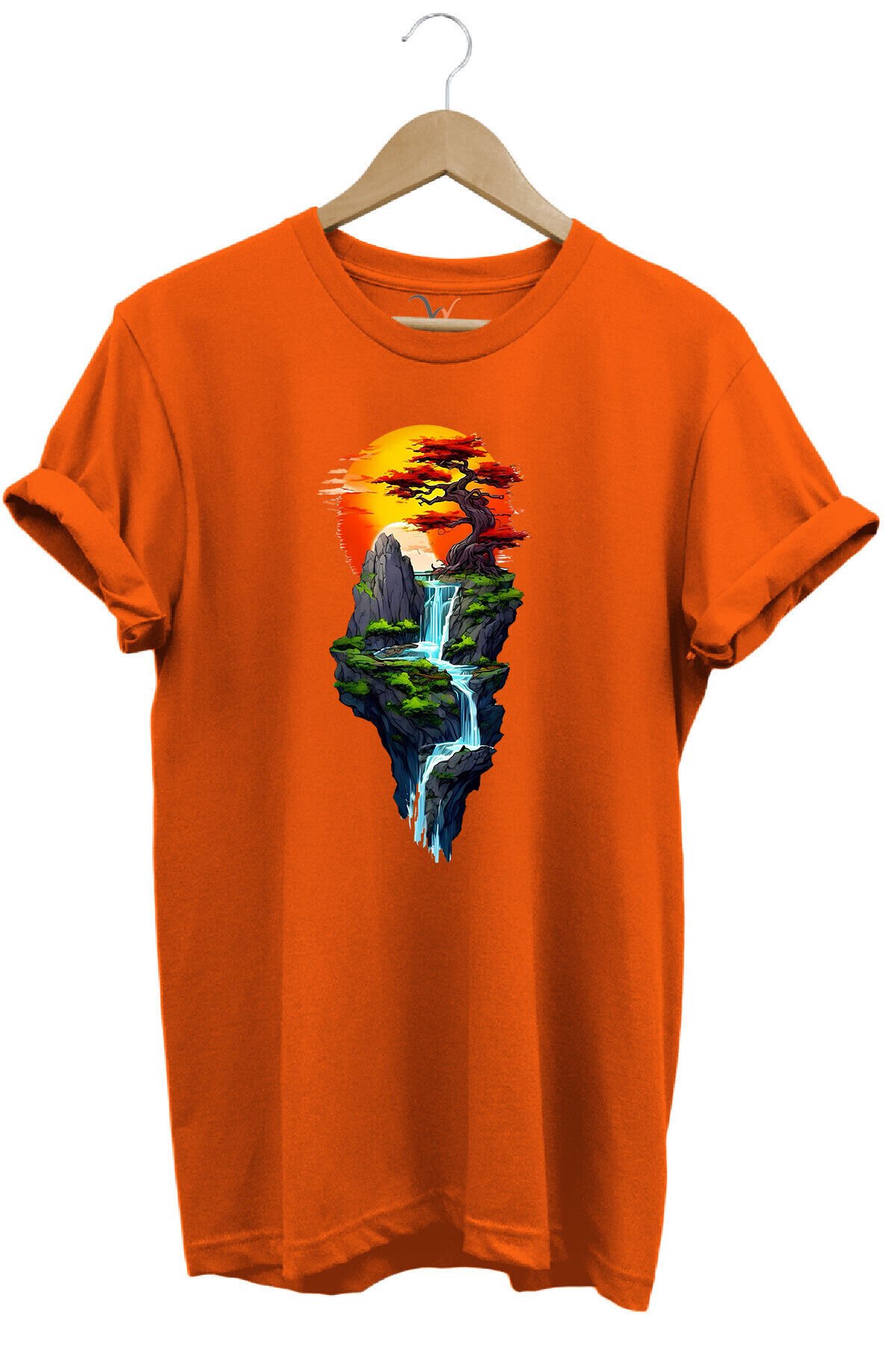 Manzara Ağaç Güneş Dağ Ve Nehir Baskılı %100 Pamuk Regular Fit Bisiklet Yaka Haki T-shirt Turuncu - M