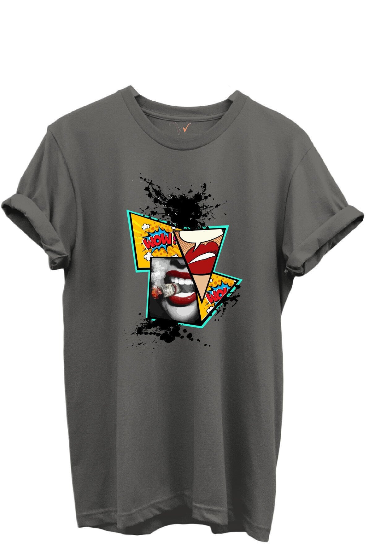 Pop Art Dudak ve Çizgi Roman Baskılı WOW Temalı %100 Pamuk Regular Fit Unisex T-Shirt Gri - 2XL