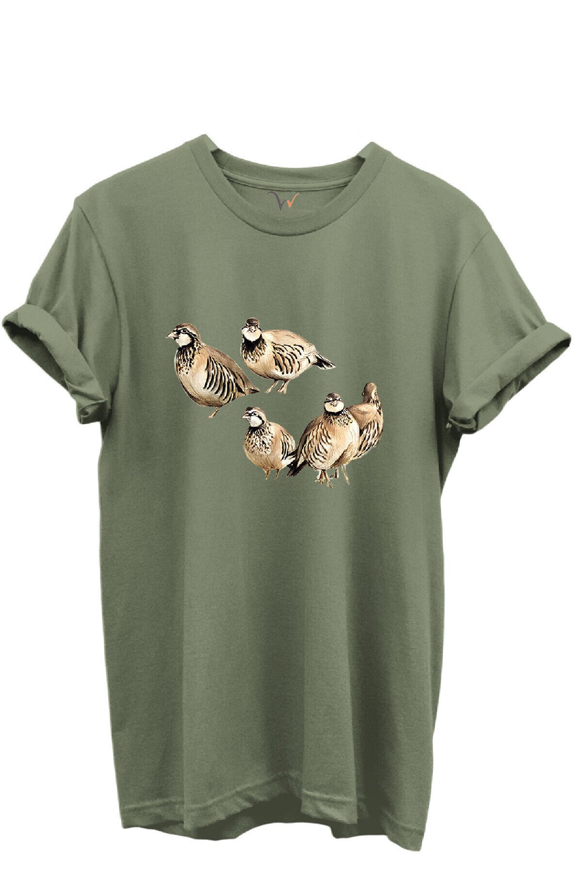 Beşli Keklik Baskılı Doğa ve Av Temalı %100 Pamuk Regular Fit Unisex T-Shirt Haki - L