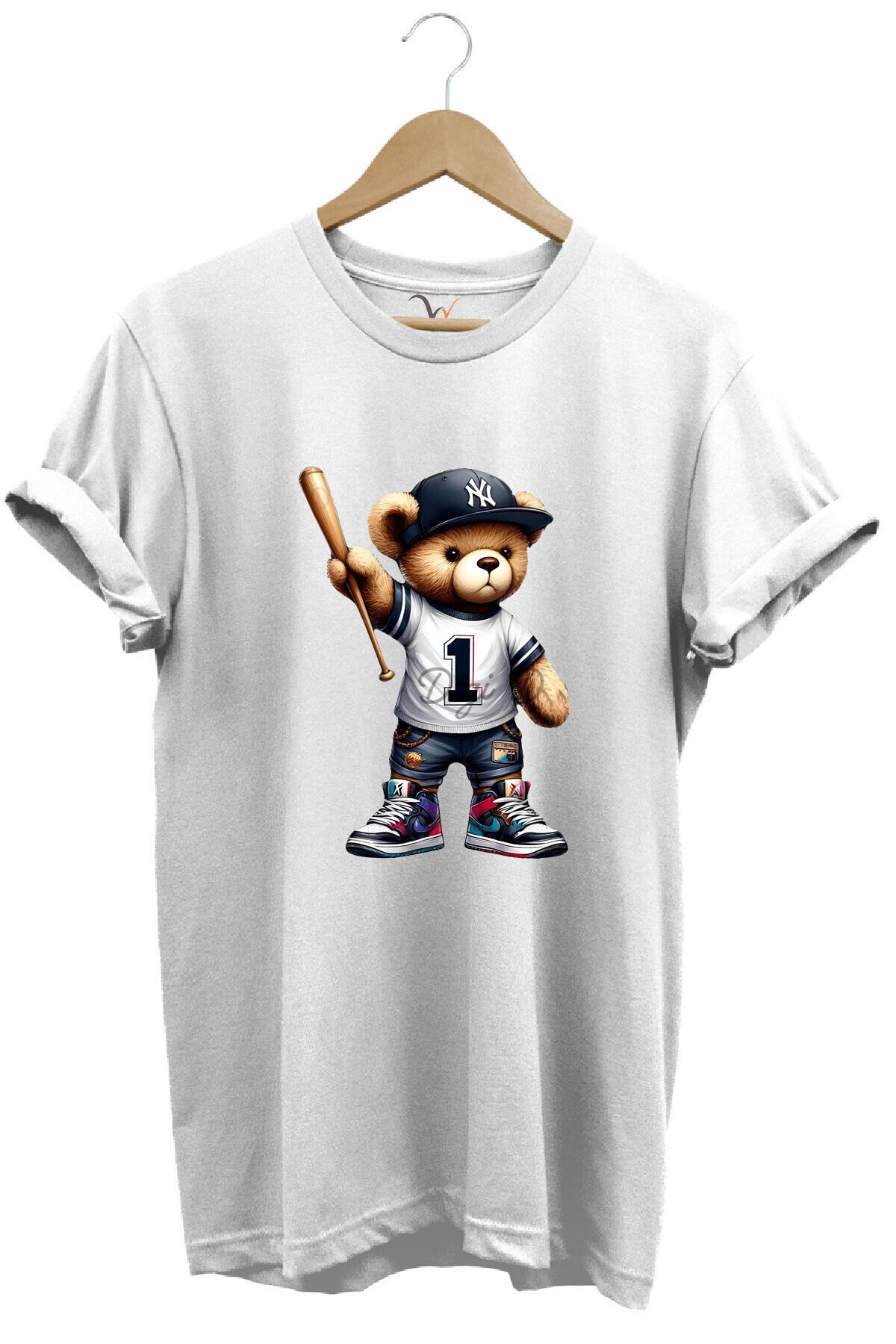 Beyzbol Sopalı Ayıcık Baskılı %100 Pamuk Regular Fit Premium Tişört Beyaz - 2XL