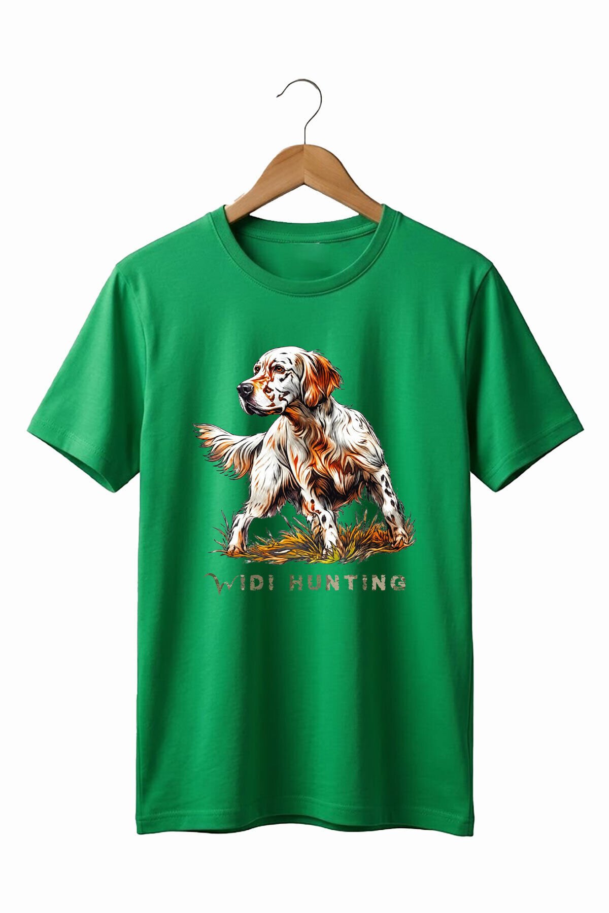 Unisex Hunting English Setter Köpek Baskılı Doğa Temalı Outdoor %100 Pamuk Basic T-Shirt Yeşil - S