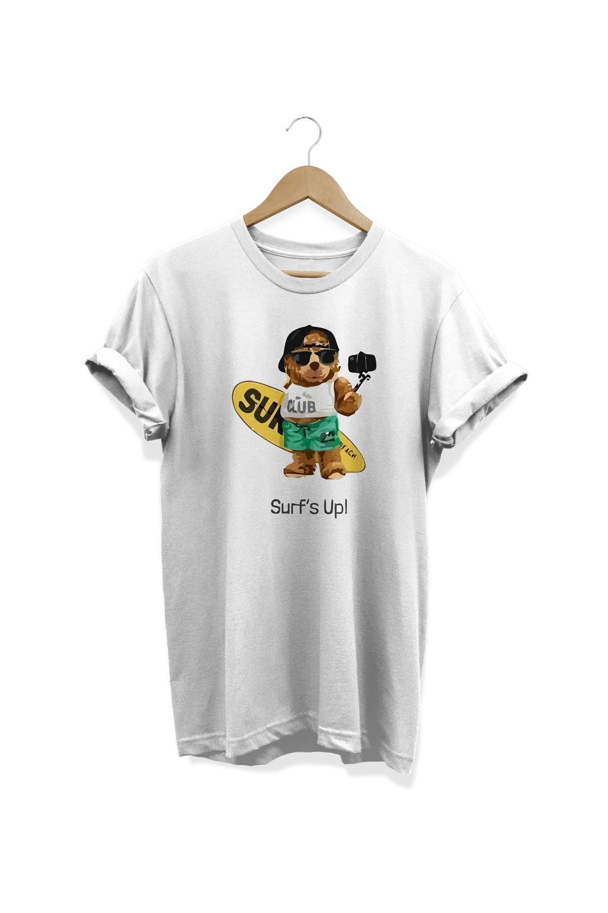 Sörfçü Ayıcık Baskılı %100 Pamuk Dijital Baskılı Beyaz T-shirt
