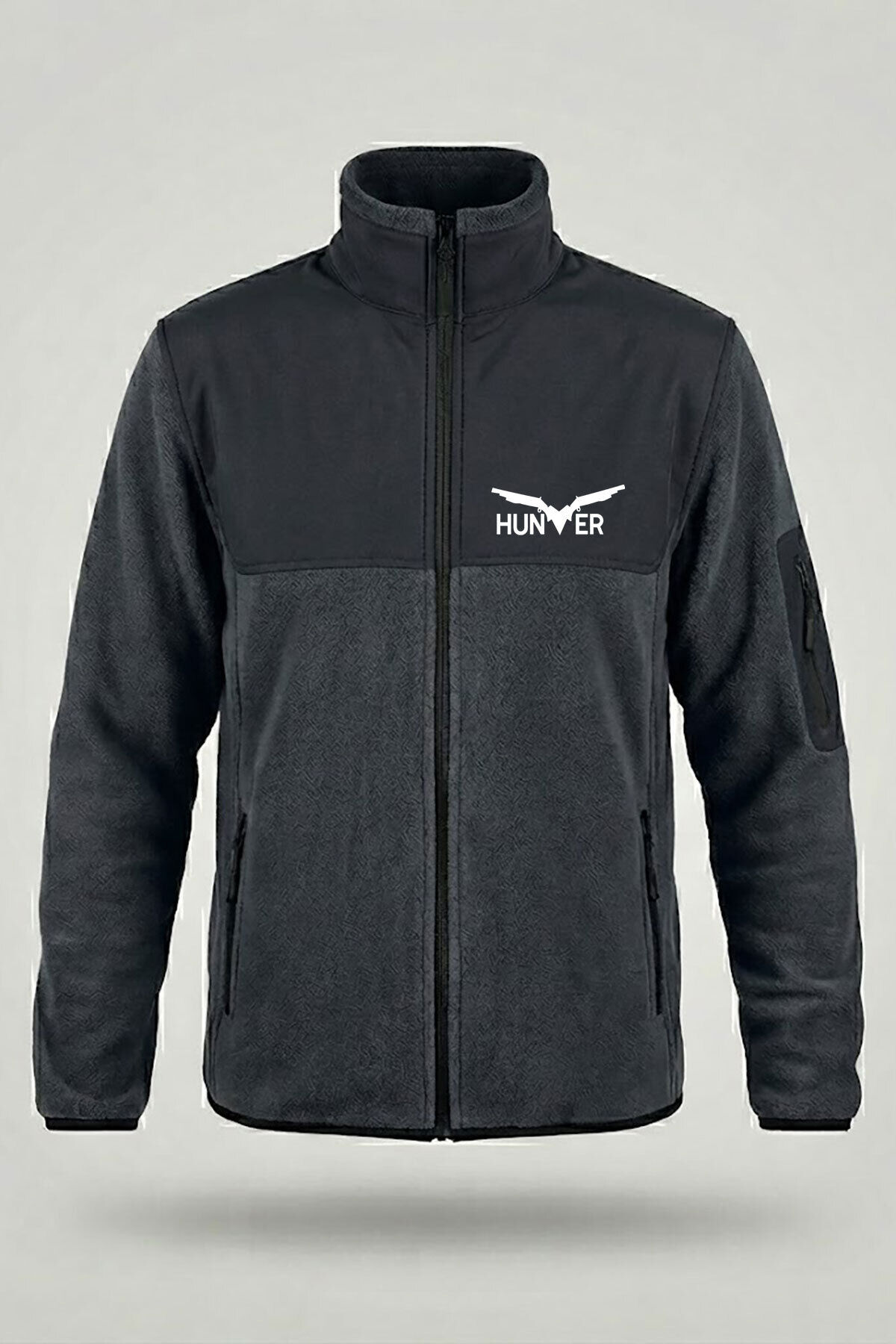 Avcılık Hunter Yazı Baskılı Dik Yaka Garnili Softshell Polar Ceket Gri - 4XL