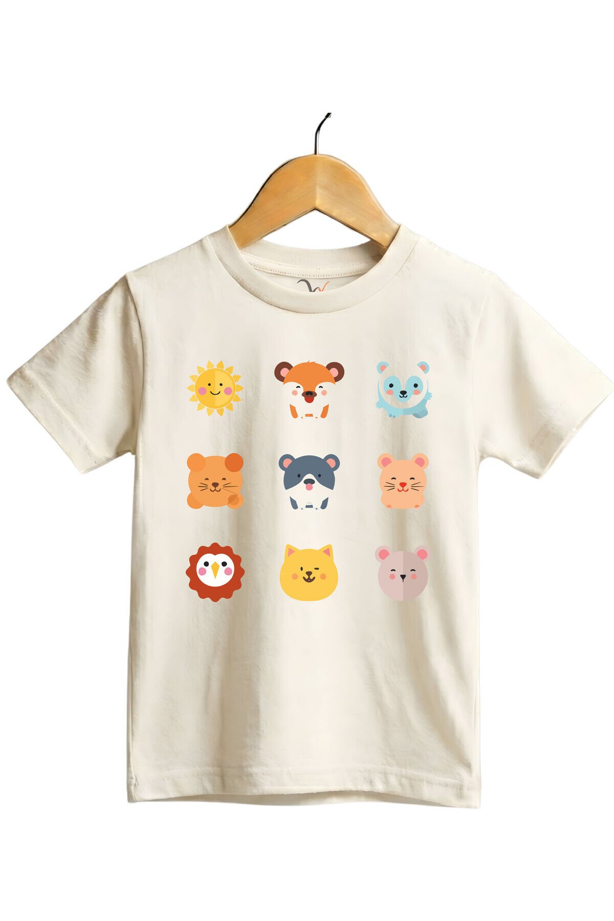 Sevimli Hayvan Yüzleri Baskılı Regular Fit %100 Pamuk Kısa Kollu Çocuk T-shirt Ekru - 7-8 Yaş