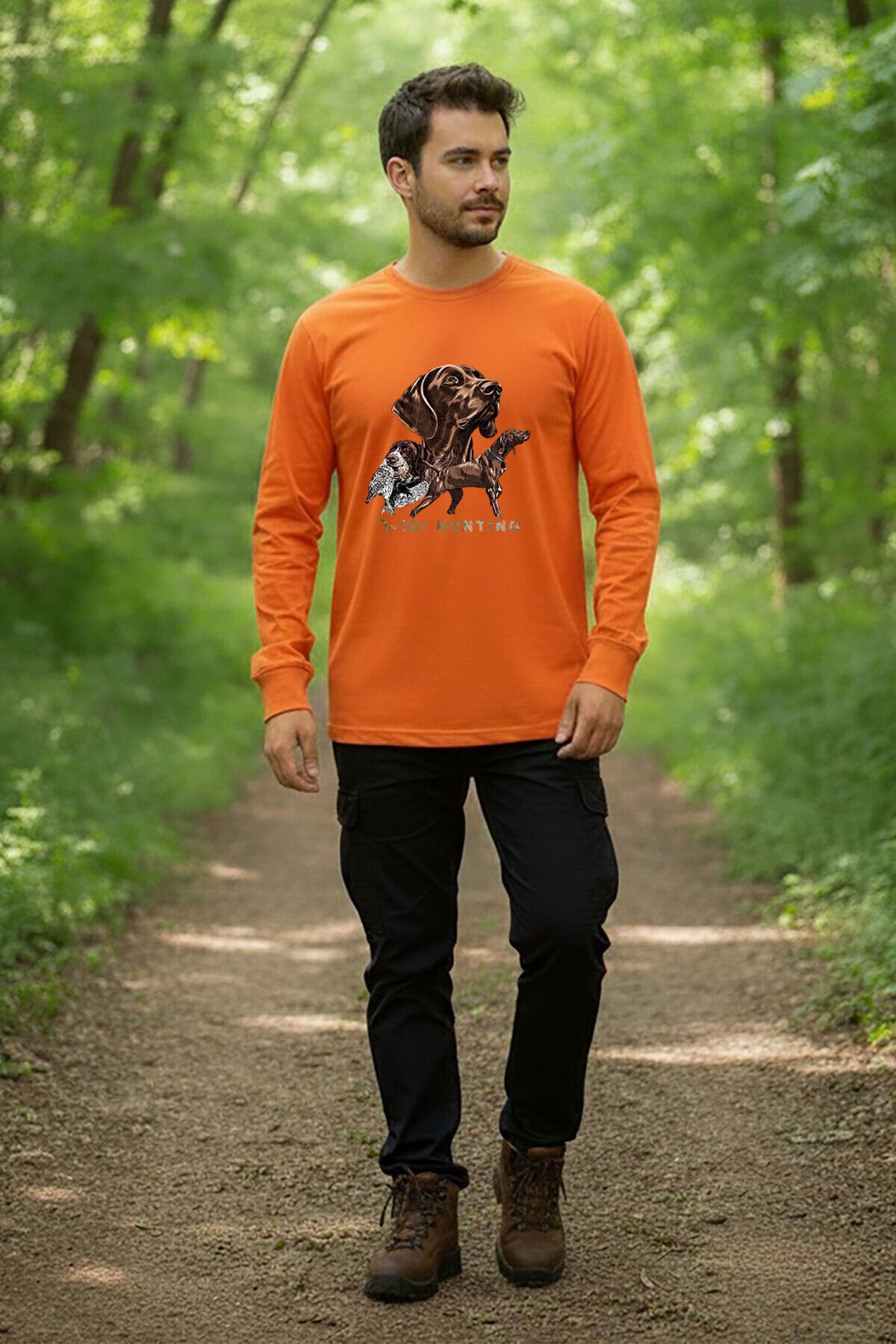 Avcılık Hunter Kurzhaar Av Köpeği ve Çulluk Baskılı Turuncu Bisiklet Yaka Uzun Kollu T-Shirt Turuncu - XL