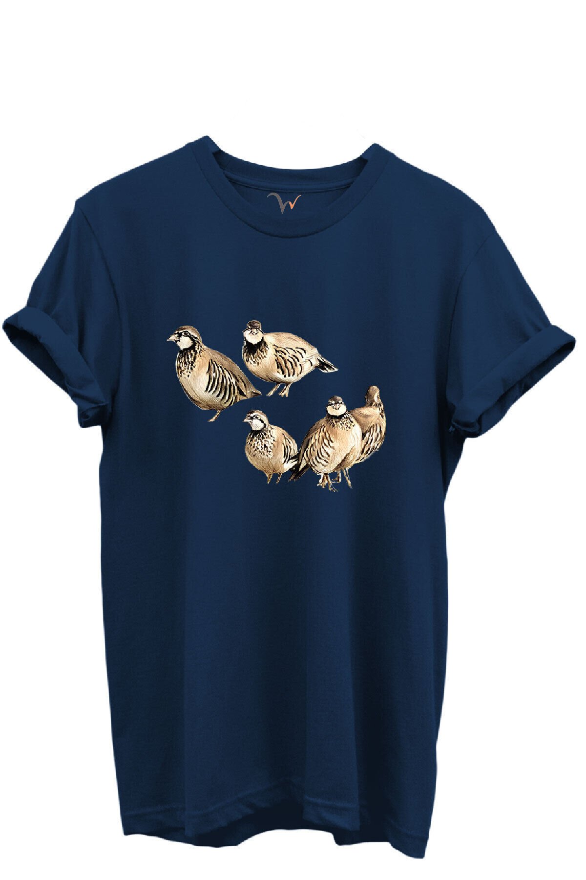 Beşli Keklik Baskılı Doğa ve Av Temalı %100 Pamuk Regular Fit Unisex T-Shirt Lacivert - S