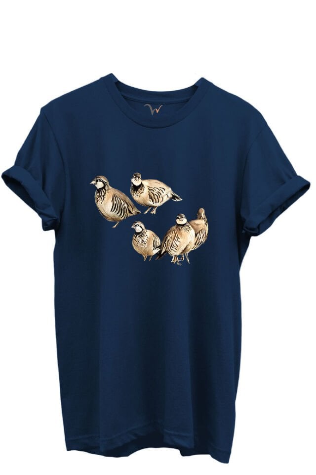 Beşli Keklik Baskılı Doğa ve Av Temalı %100 Pamuk Regular Fit Unisex T-Shirt Lacivert - S