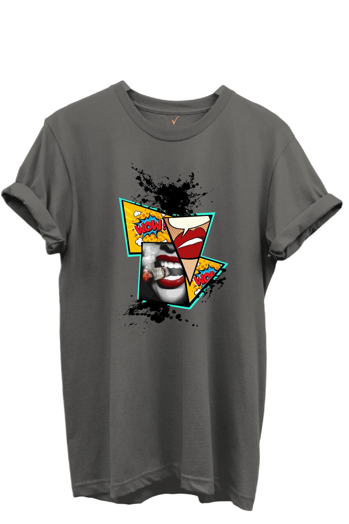 Pop Art Dudak ve Çizgi Roman Baskılı WOW Temalı %100 Pamuk Regular Fit Unisex T-Shirt Gri - 3XL