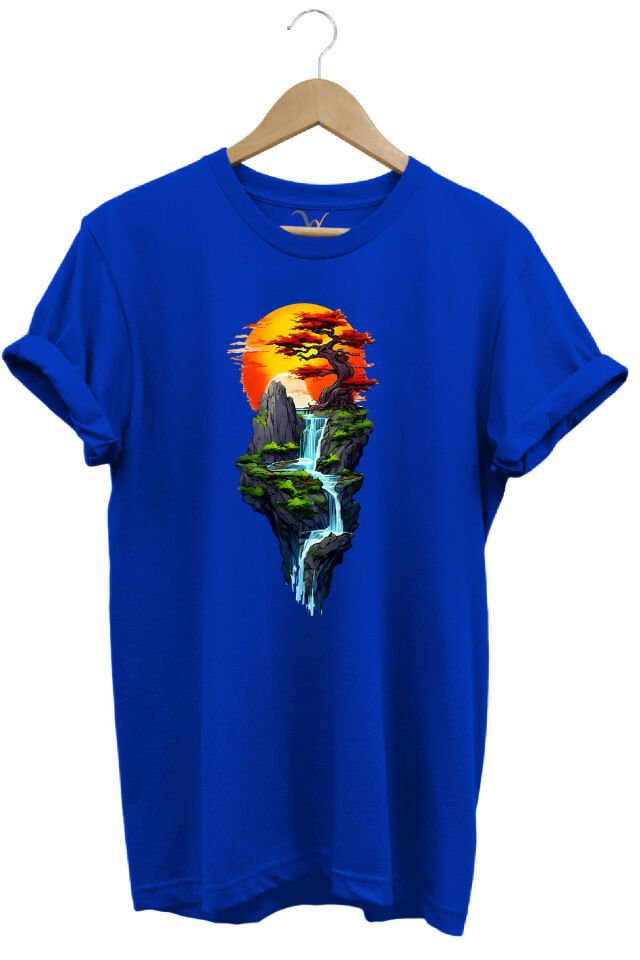 Manzara Ağaç Güneş Dağ Ve Nehir Baskılı %100 Pamuk Regular Fit Bisiklet Yaka Haki T-shirt Mavi - 3XL