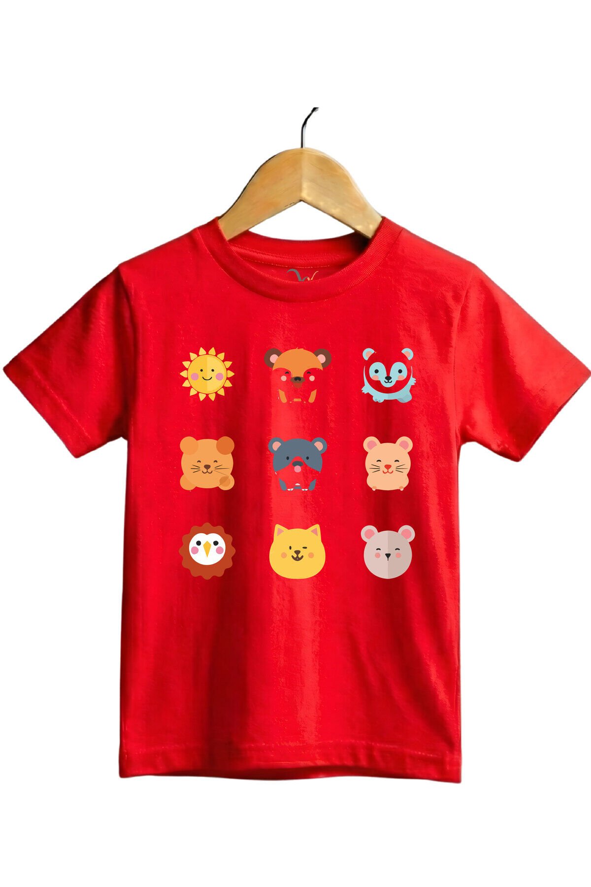 Sevimli Hayvan Yüzleri Baskılı Regular Fit %100 Pamuk Kısa Kollu Çocuk T-shirt Kırmızı - 7-8 Yaş