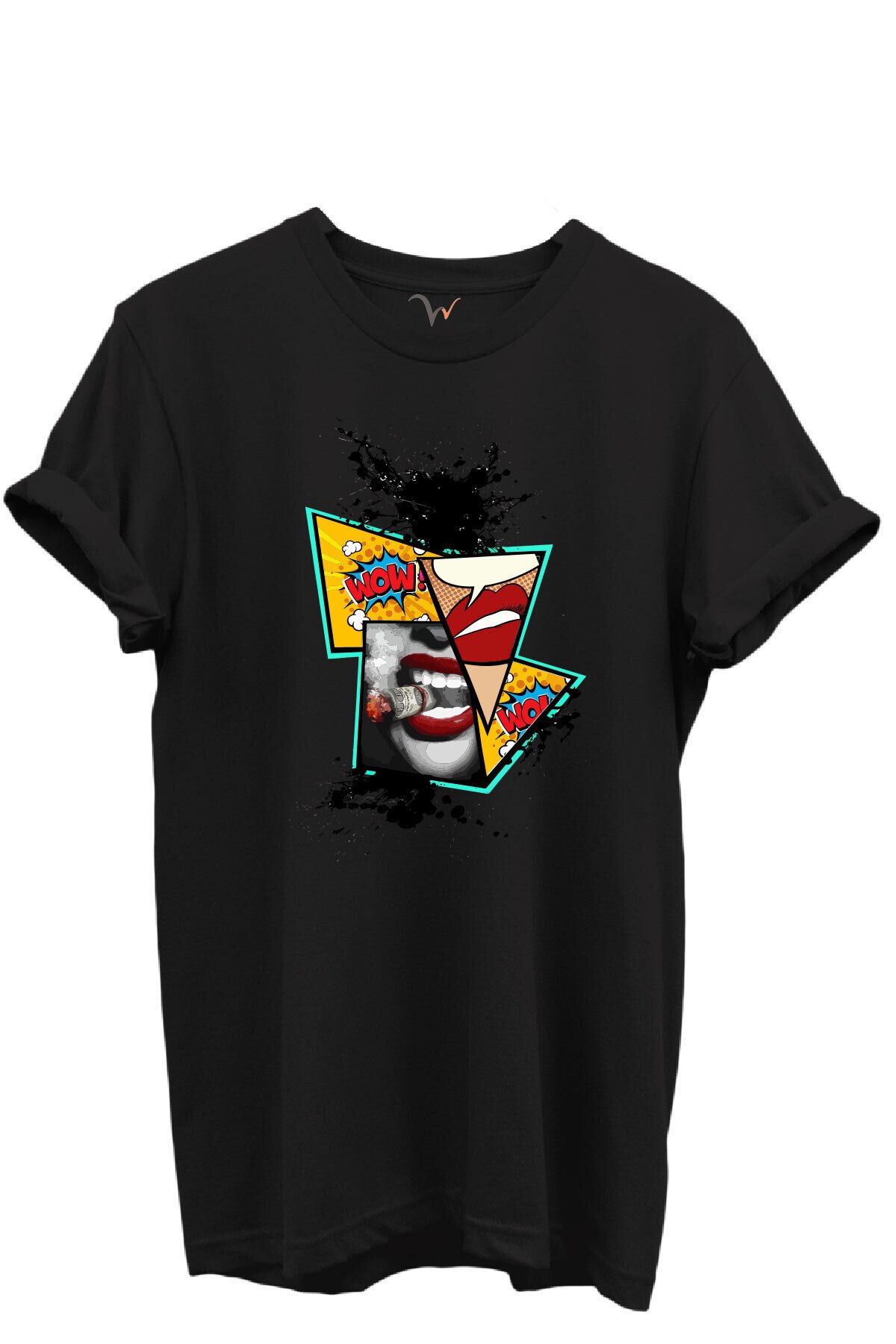 Pop Art Dudak ve Çizgi Roman Baskılı WOW Temalı %100 Pamuk Regular Fit Unisex T-Shirt Siyah - 2XL