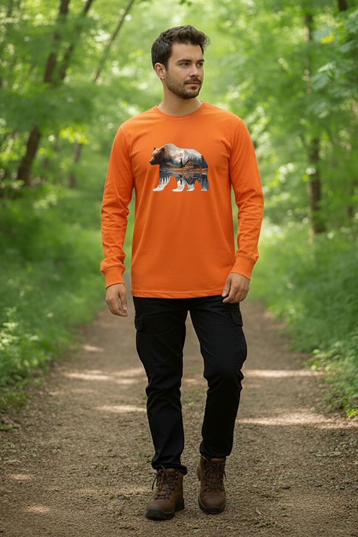 Avcılık Kamp Doğa ve Baraka Ayı Baskılı Regular Fit Turuncu Bisiklet Yaka Uzun Kollu T-Shirt Turuncu - 3XL
