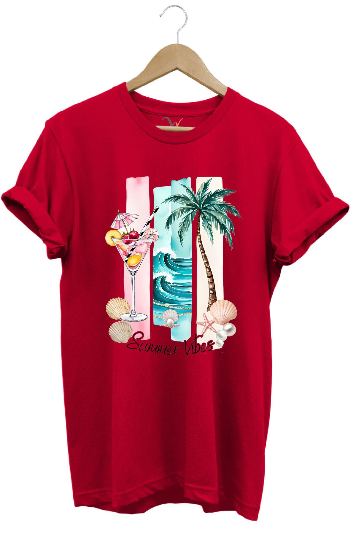 Summer Vibes Yaz Temalı Kokteyl, Palmiye ve Deniz Desenli %100 Pamuk Regular Fit T-Shirt Kırmızı - M