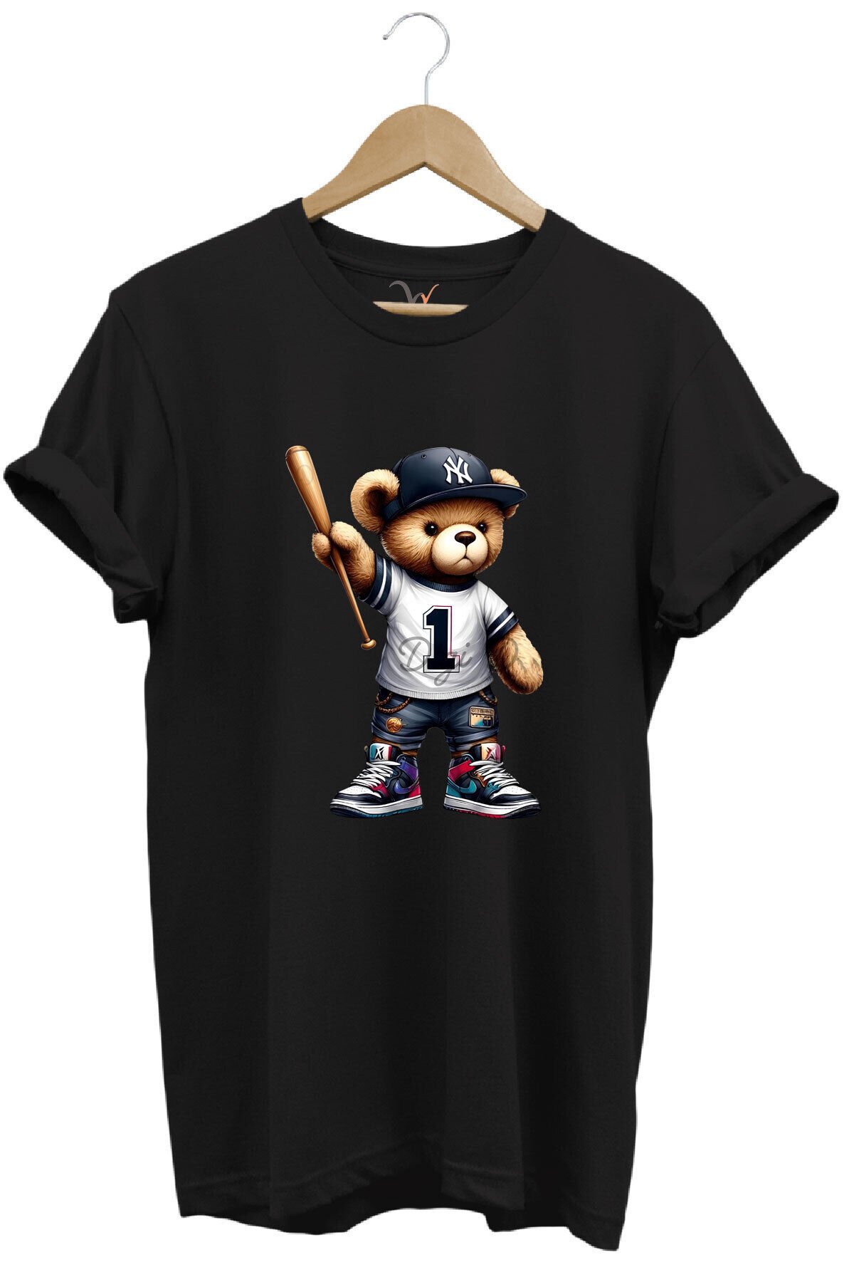 Beyzbol Sopalı Ayıcık Baskılı %100 Pamuk Regular Fit Premium Tişört Siyah - 3XL