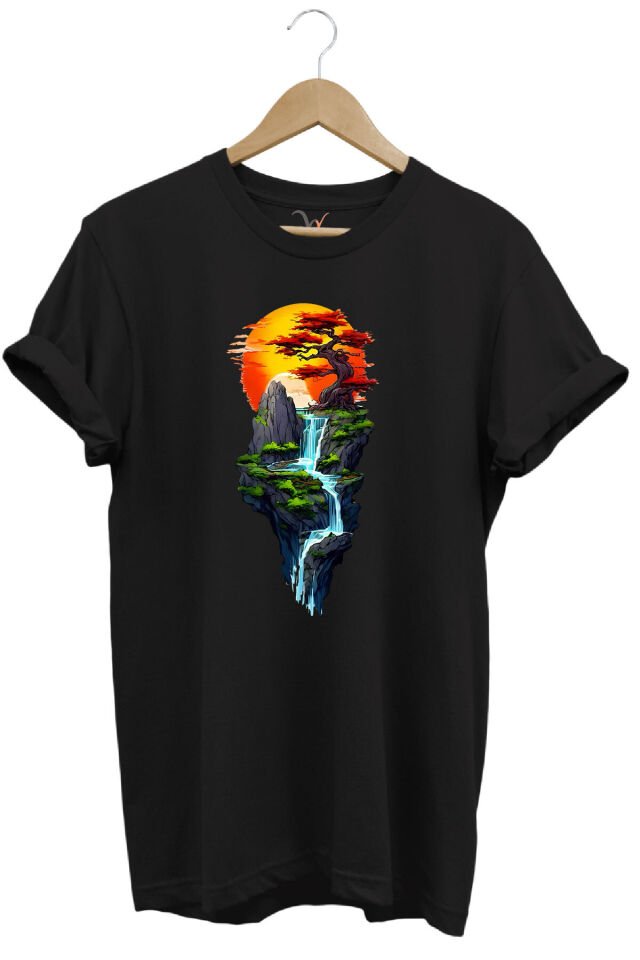 Manzara Ağaç Güneş Dağ Ve Nehir Baskılı %100 Pamuk Regular Fit Bisiklet Yaka Haki T-shirt Siyah - S