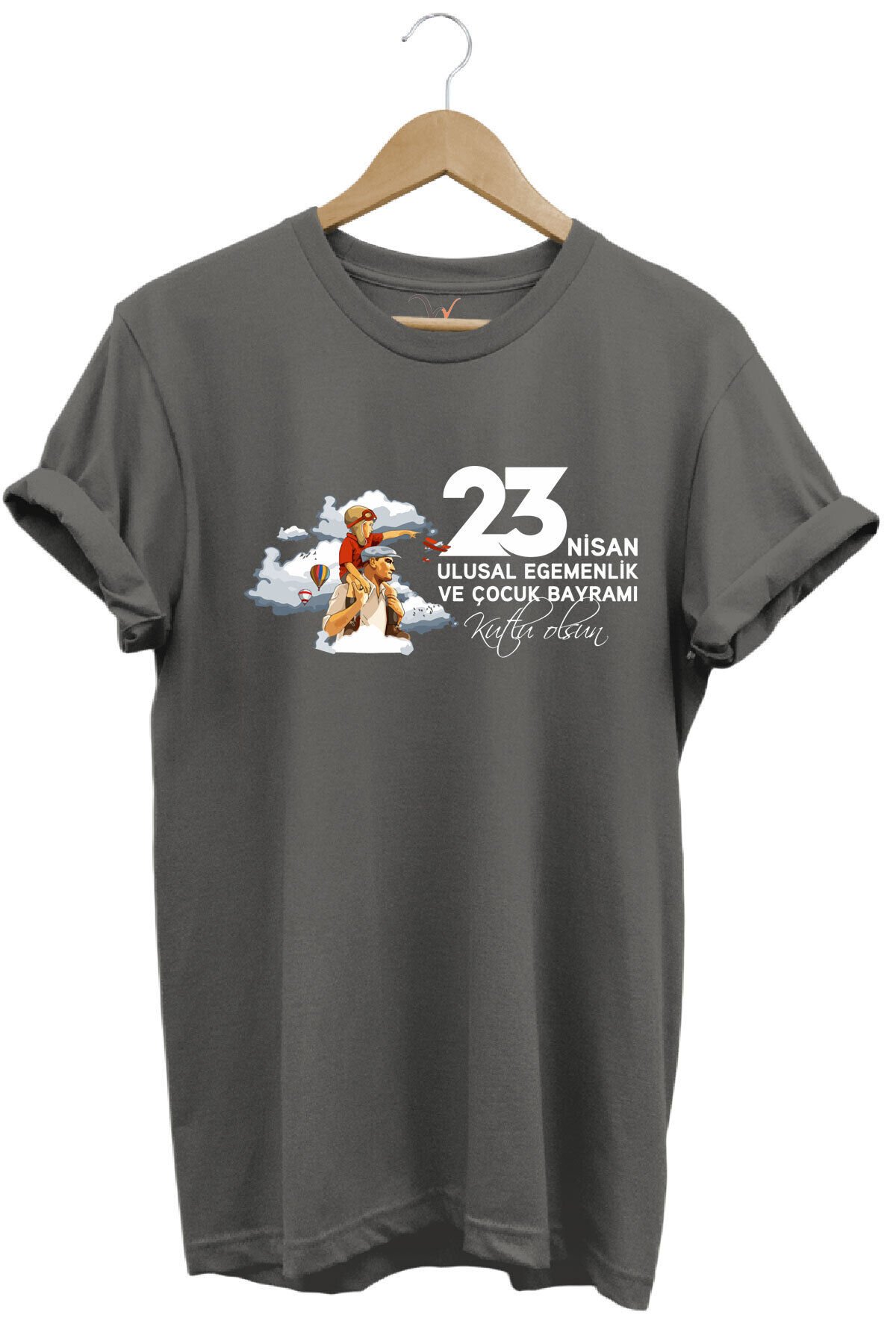 23 Nisan Çocuk Bayramı Mustafa Kemal ATATÜRK Baskılı %100 Pamuk Regular Fit Bisiklet Yaka T-Shirt Gri - L