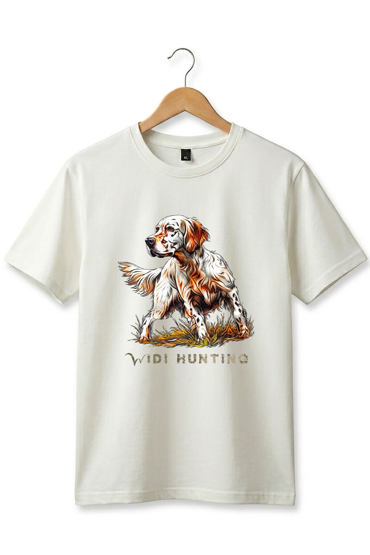 Unisex Hunting English Setter Köpek Baskılı Doğa Temalı Outdoor %100 Pamuk Basic T-Shirt Ekru - 2XL