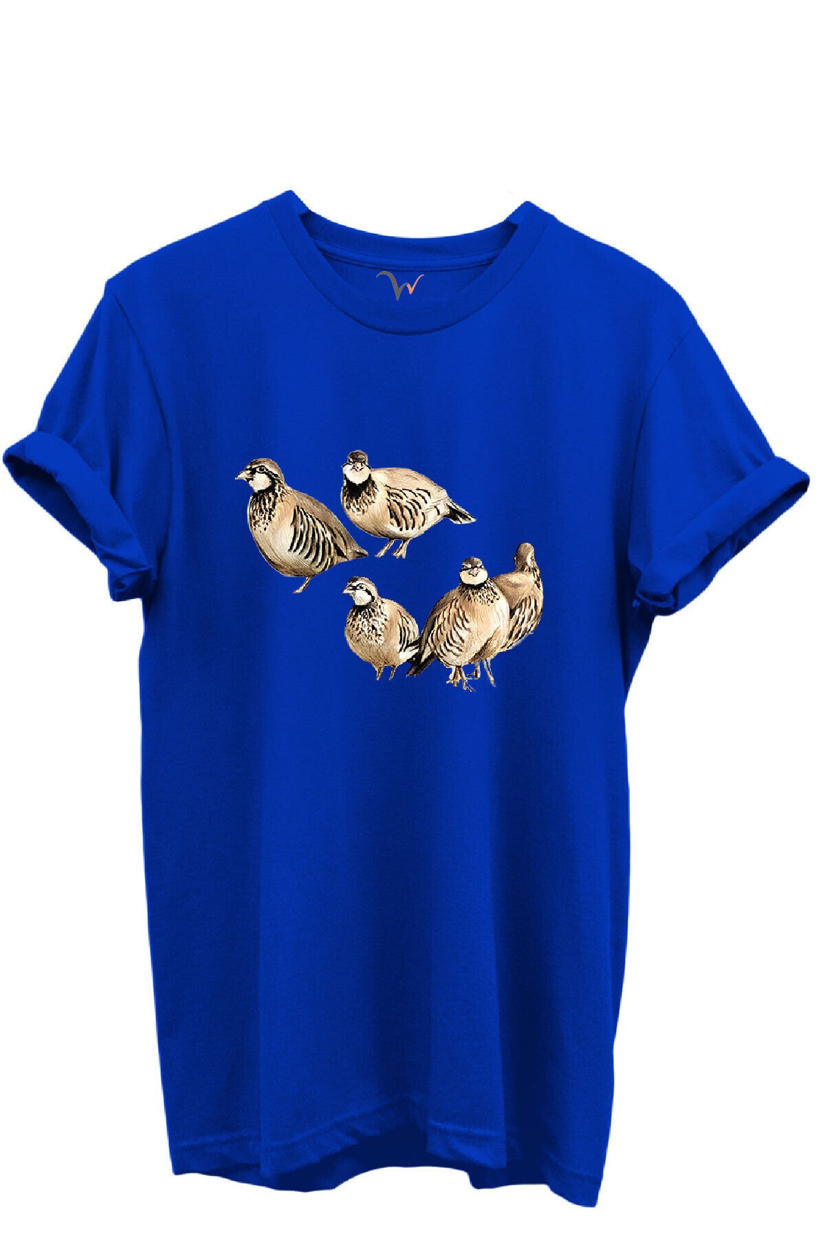 Beşli Keklik Baskılı Doğa ve Av Temalı %100 Pamuk Regular Fit Unisex T-Shirt Mavi - 2XL