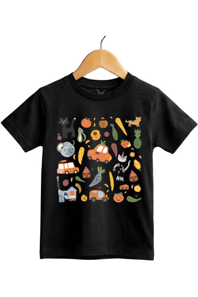 Eğlenceli Yemek & Hayvan İllüstrasyonlu Regular Fit %100 Pamuk Kısa Kollu Çocuk T-shirt Siyah - 11-12 Yaş