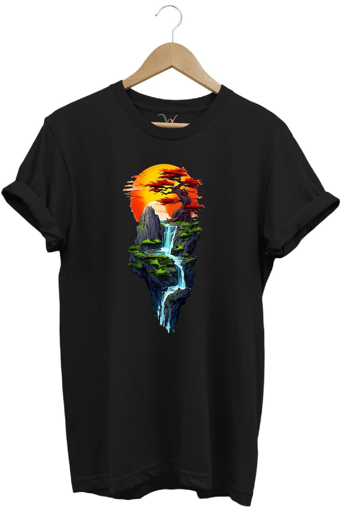 Manzara Ağaç Güneş Dağ Ve Nehir Baskılı %100 Pamuk Regular Fit Bisiklet Yaka Haki T-shirt Siyah - M