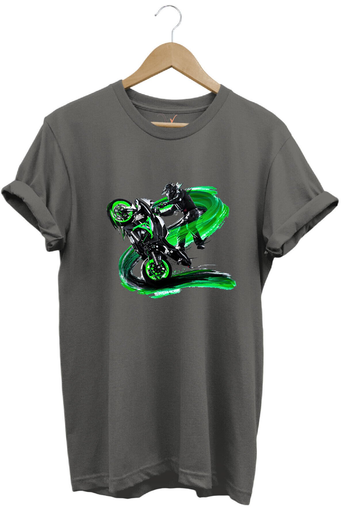 Racing Motosiklet Baskılı Ön Kaldıran Motorcu %100 Pamuk Regular Fit Bisiklet Yaka Turuncu T-shirt Gri - 2XL