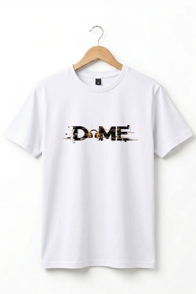 Unisex Müzik Temalı DOME Yazılı Kulaklık Figürlü Glitch Tasarım Sokak Stili %100 Pamuk Basic T-Shirt Beyaz - 3XL