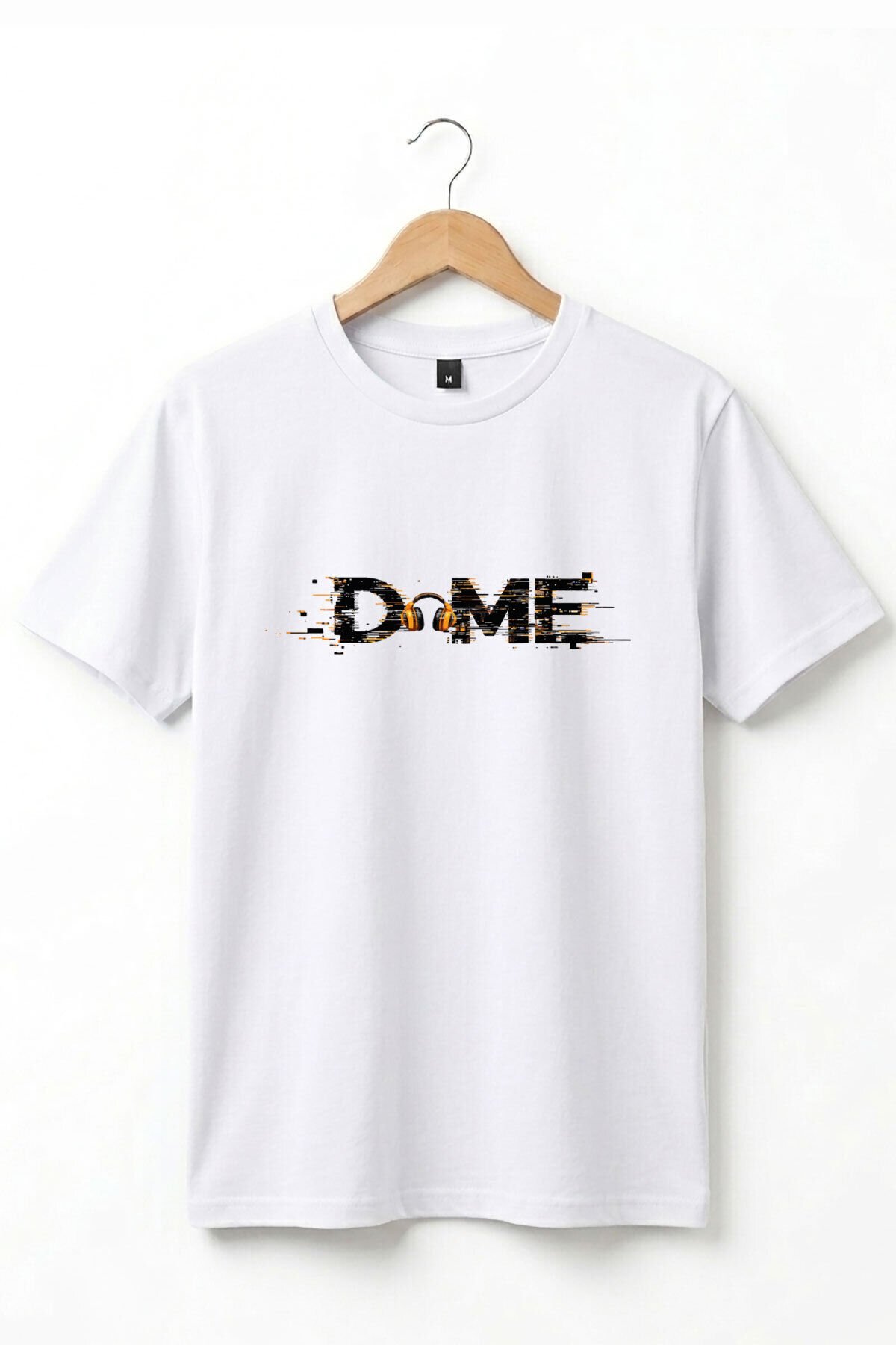 Unisex Müzik Temalı DOME Yazılı Kulaklık Figürlü Glitch Tasarım Sokak Stili %100 Pamuk Basic T-Shirt Beyaz - XL