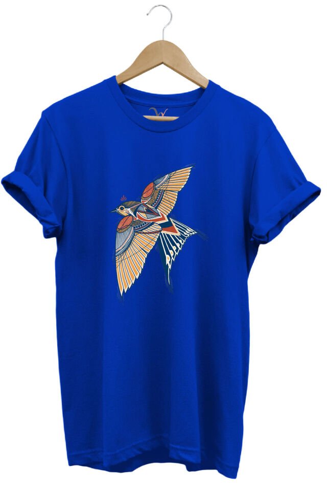 Kırlangıç Kuşu Dekoratif Baskılı %100 Pamuk Regular Fit Unisex T-Shirt Mavi - M