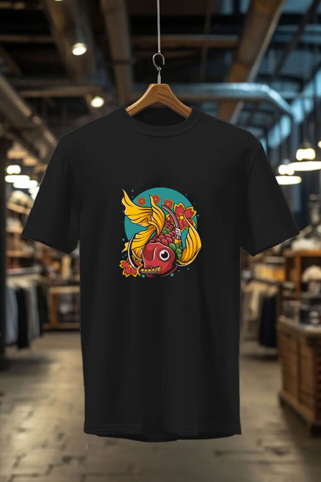 Japon Altın Balık Sokak Stili Baskılı Şık Tasarımlı %100 Pamuk Bisiklet Yaka Siyah T-shirt Siyah - S