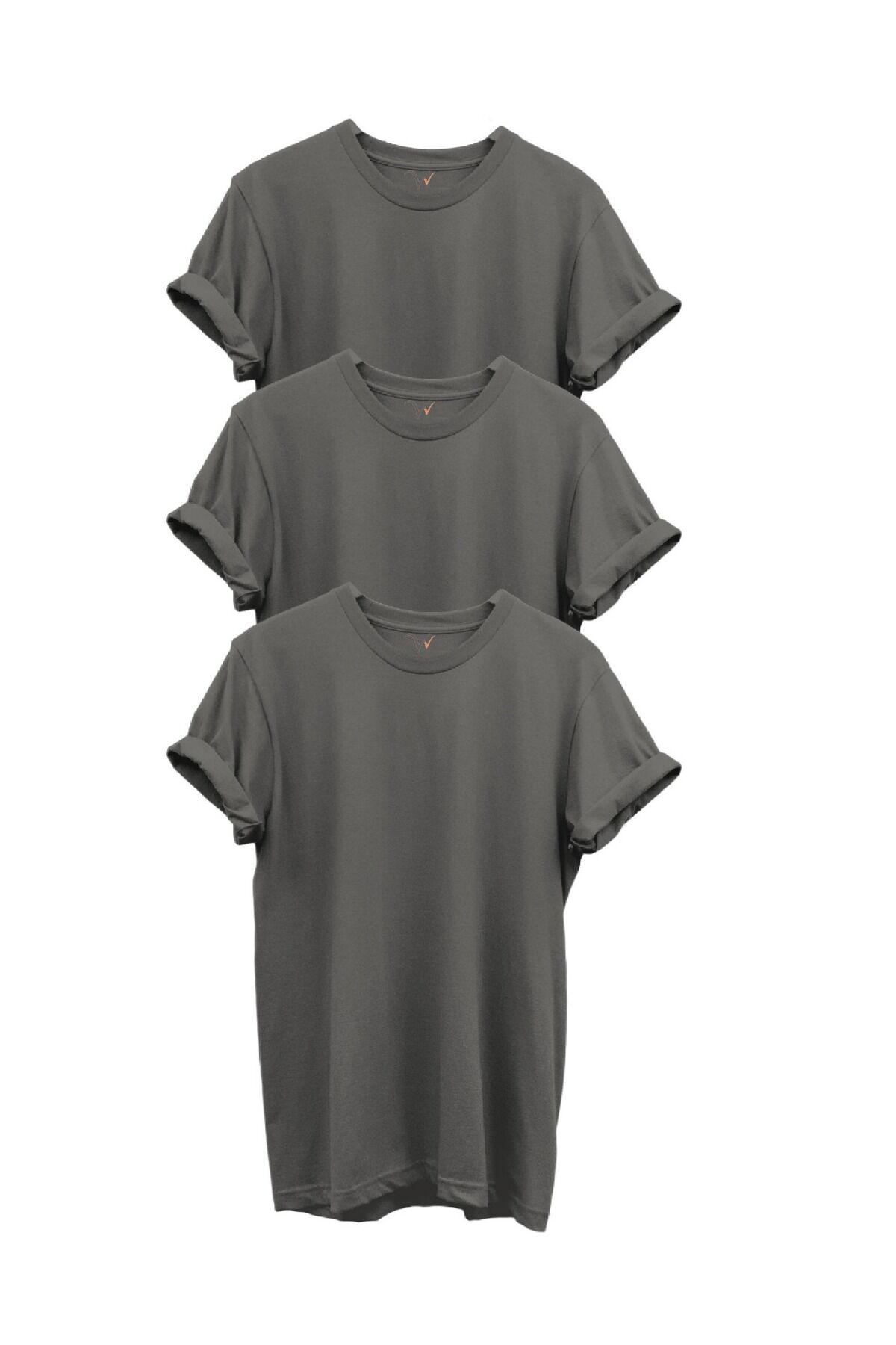 3'lü Turuncu %100 Pamuk Regular Fit Bisiklet Yaka Premium Turuncu T-shirt Gri - 2XL