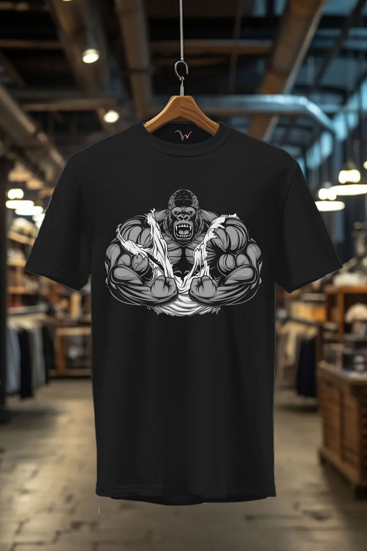 Unisex Fitness Gym Sporcu Goril Baskılı %100 Pamuk Regular Fit Bisiklet Yaka Siyah T-shirt Siyah - M