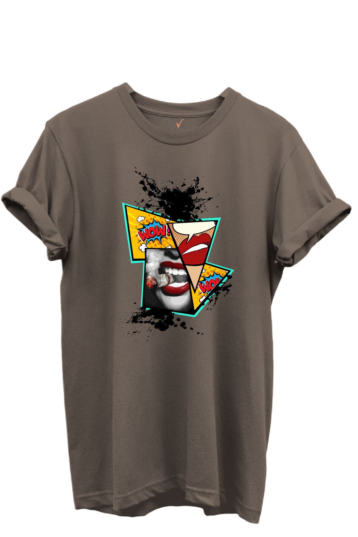 Pop Art Dudak ve Çizgi Roman Baskılı WOW Temalı %100 Pamuk Regular Fit Unisex T-Shirt Kahverengi - L