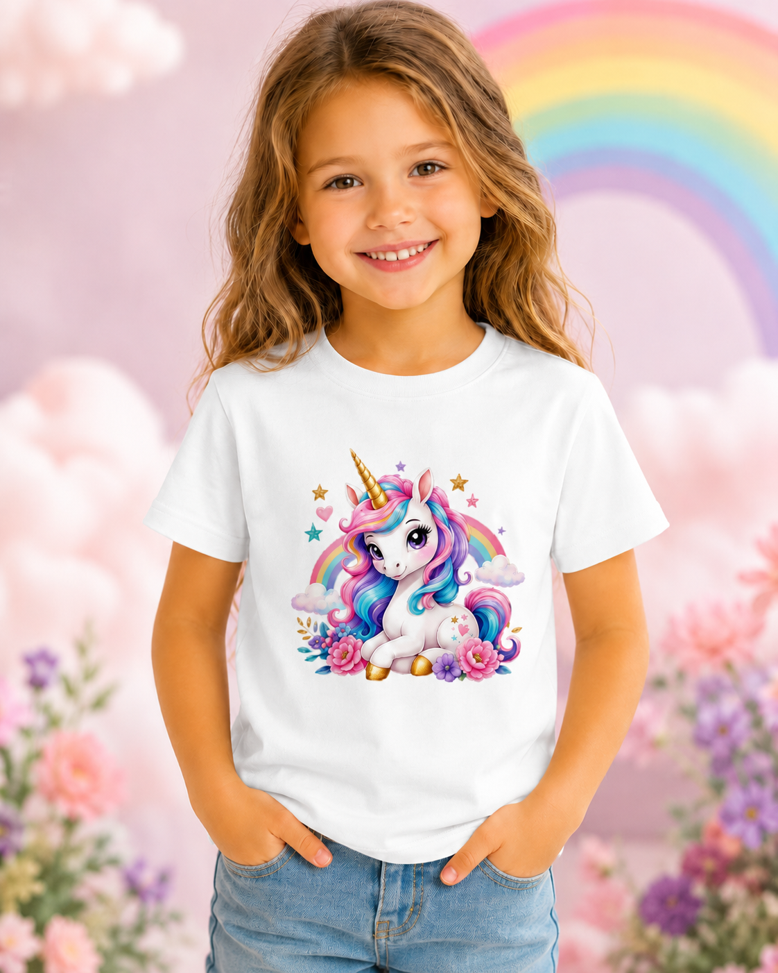 Kız Çocuk Unicorn Baskılı Kısa Kollu Bisiklet Yaka T-Shirt