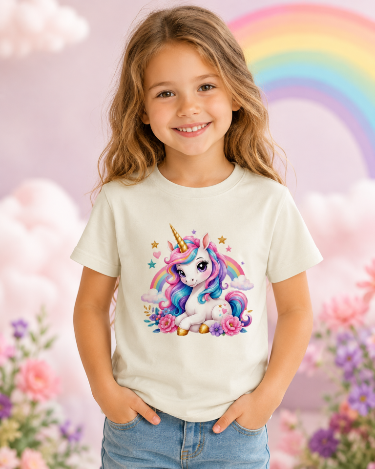 Kız Çocuk Unicorn Baskılı Kısa Kollu Bisiklet Yaka T-Shirt