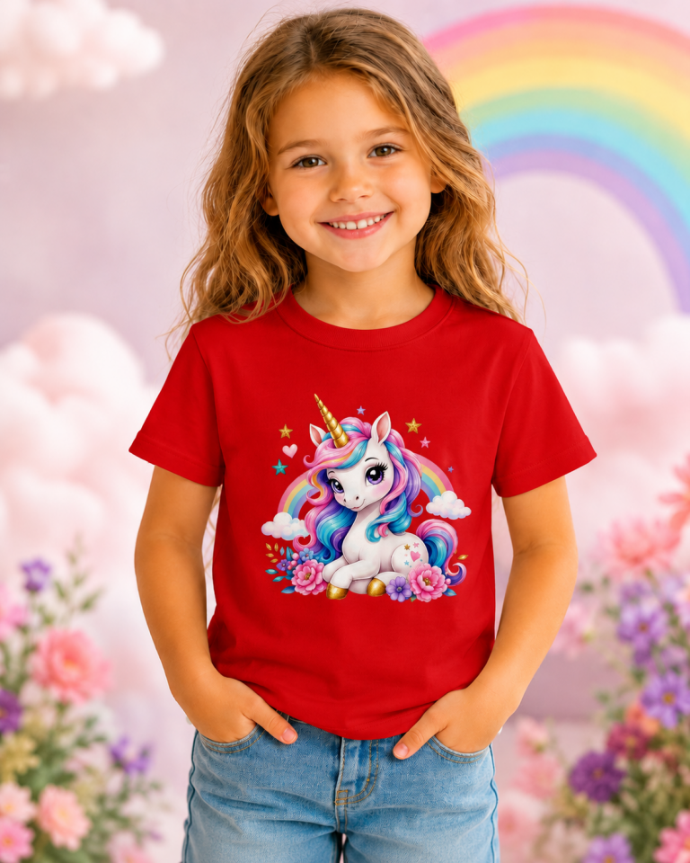 Kız Çocuk Unicorn Baskılı Kısa Kollu Bisiklet Yaka T-Shirt