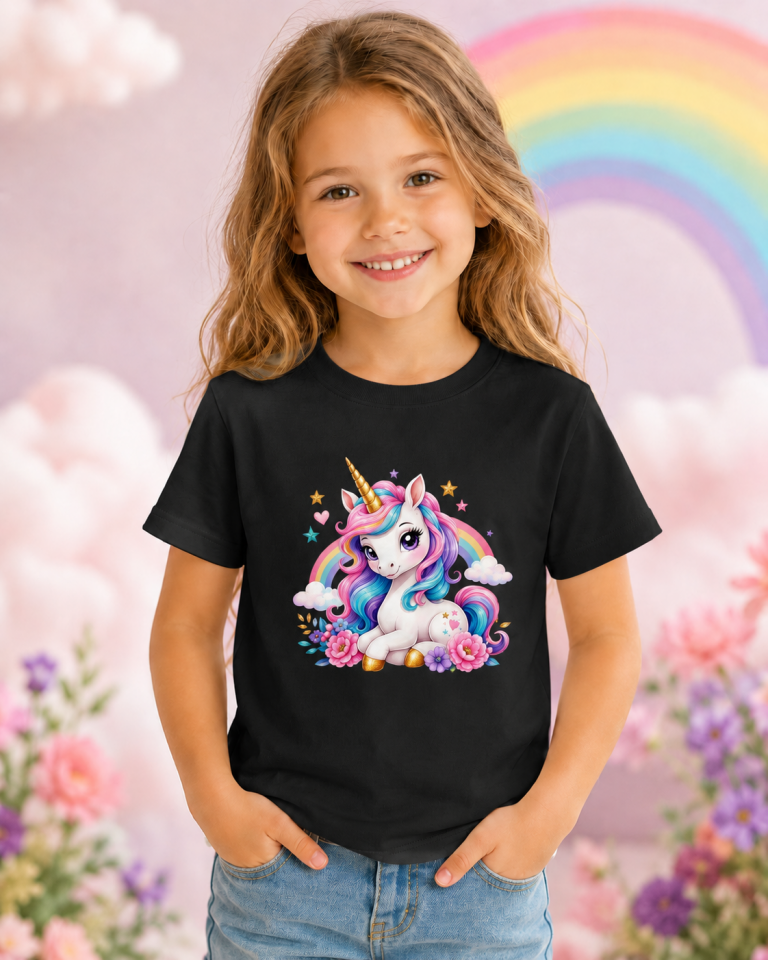Kız Çocuk Unicorn Baskılı Kısa Kollu Bisiklet Yaka T-Shirt