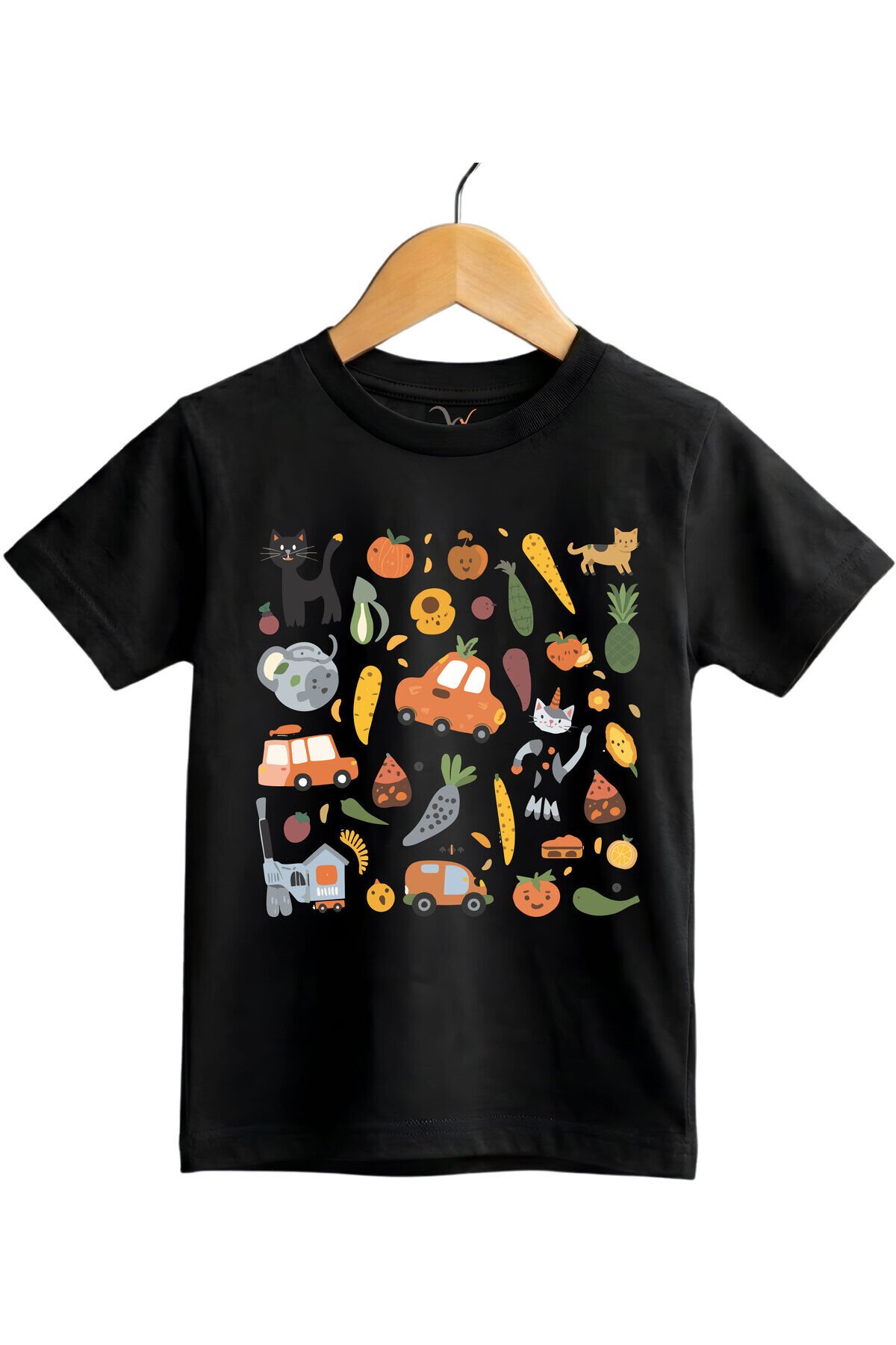 Eğlenceli Yemek & Hayvan İllüstrasyonlu Regular Fit %100 Pamuk Kısa Kollu Çocuk T-shirt Siyah - 9-10 Yaş
