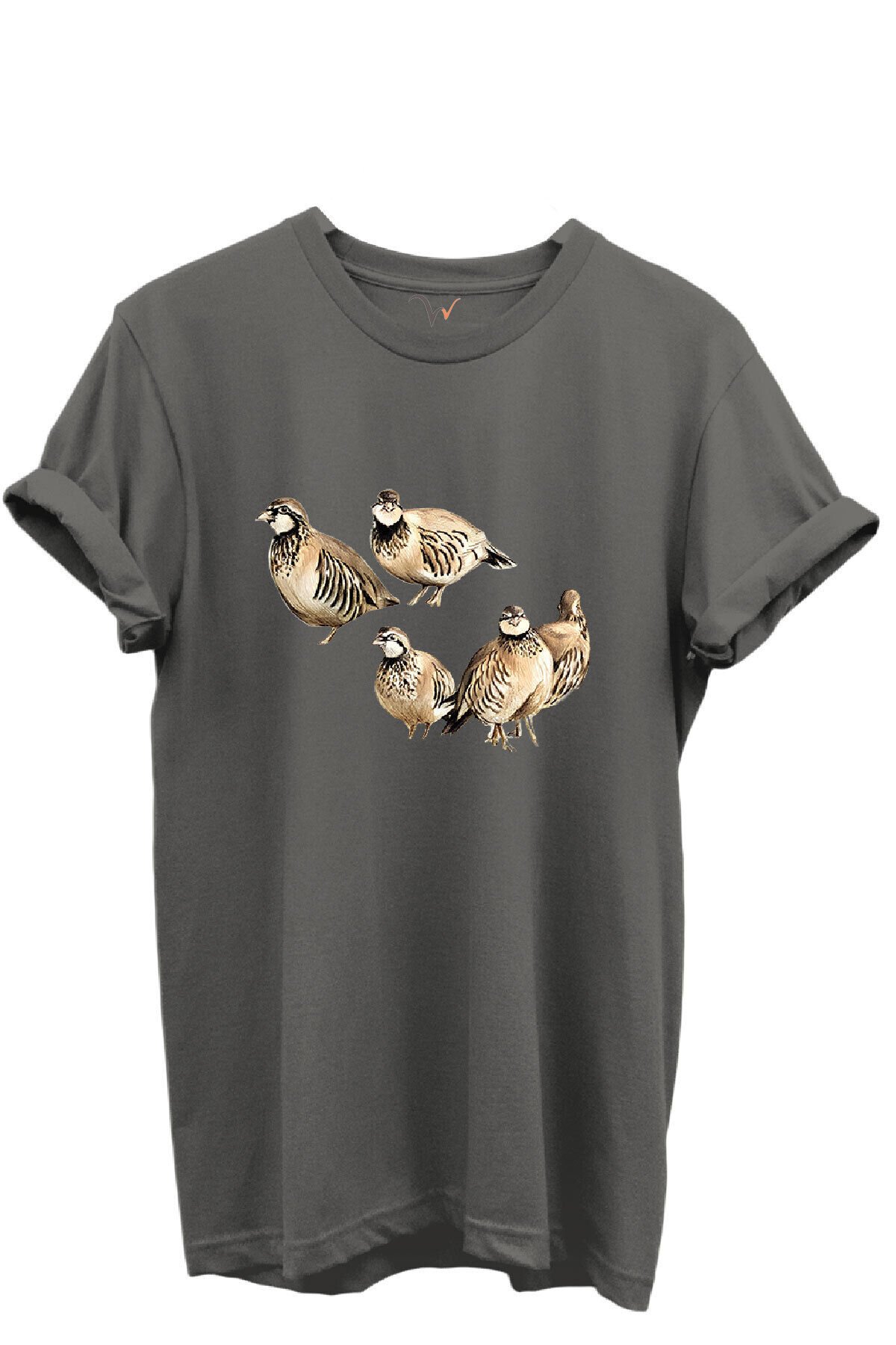 Beşli Keklik Baskılı Doğa ve Av Temalı %100 Pamuk Regular Fit Unisex T-Shirt Gri - S