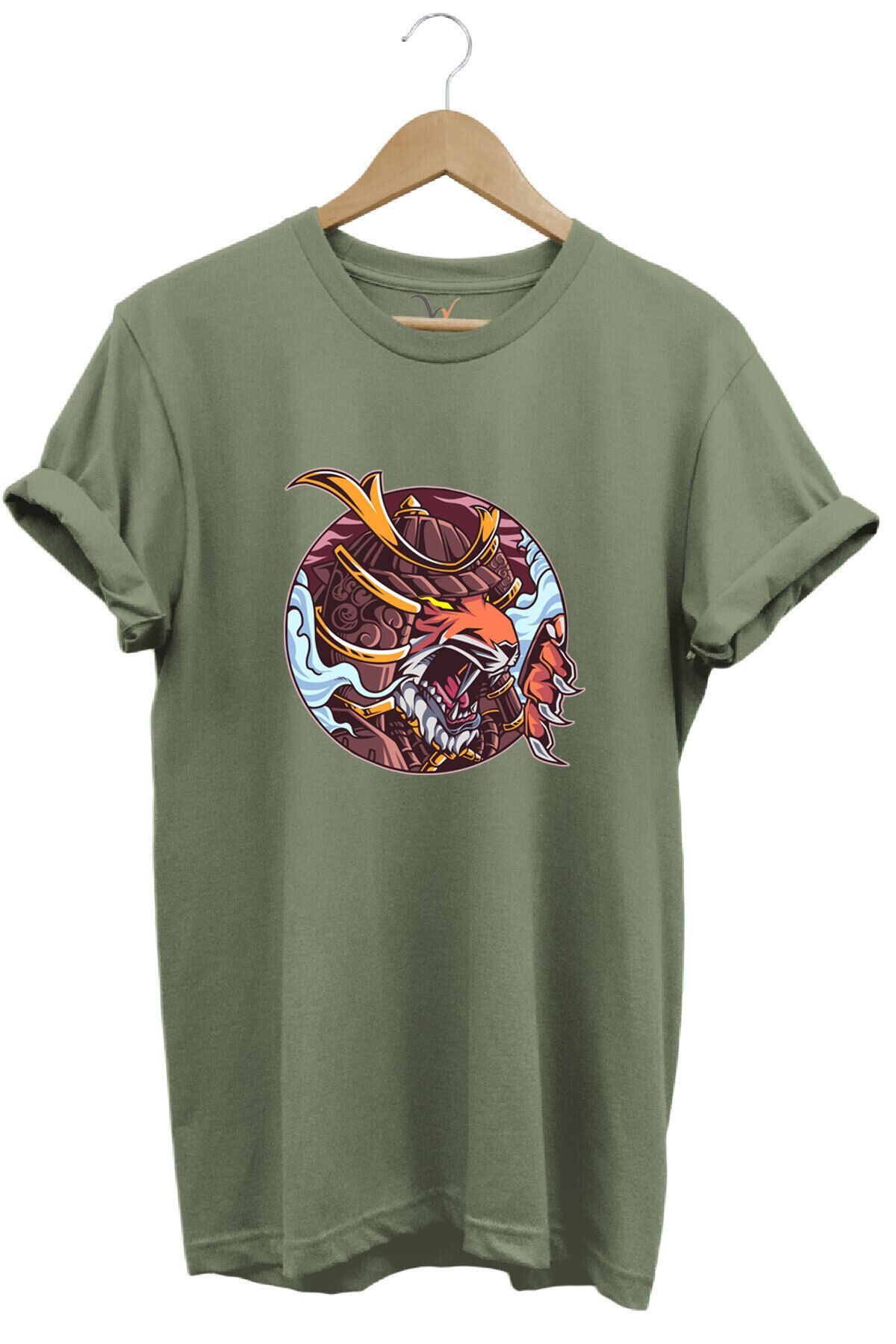 Streetwear Savaşçı Japon Kaplan Baskılı Şık Tasarımlı %100 Pamuk Bisiklet Yaka Haki T-shirt Haki - XL