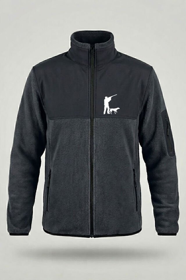 Avcılık Avcı ve Av Köpeği Baskılı Dik Yaka Garnili Softshell Polar Ceket Antrasit - L
