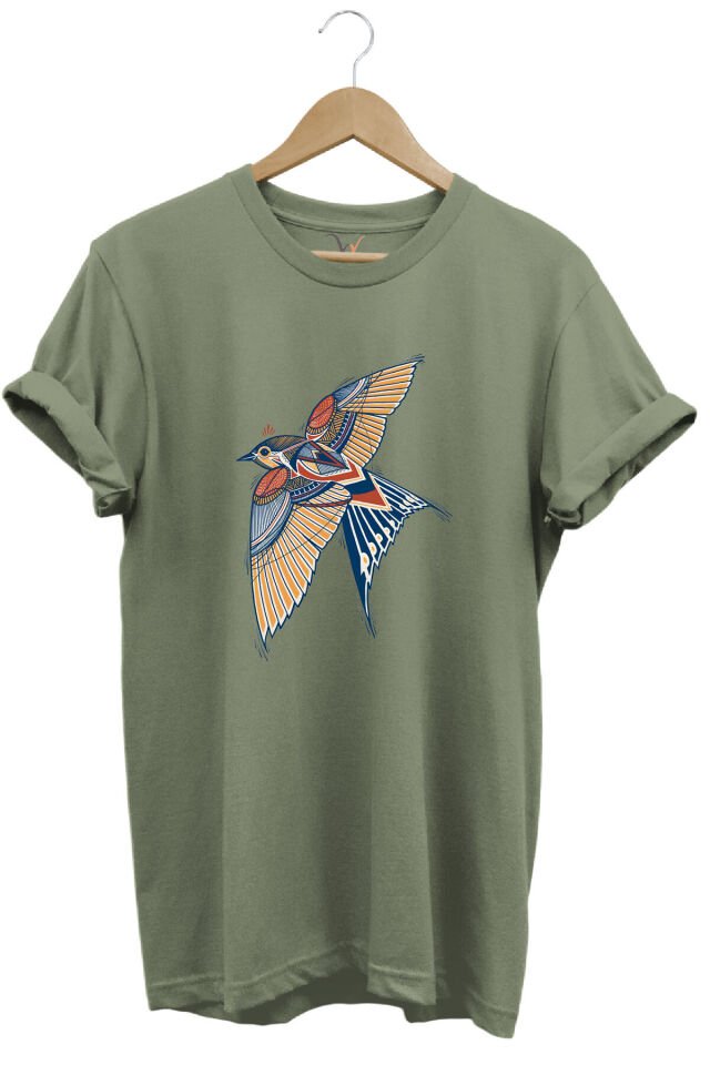 Kırlangıç Kuşu Dekoratif Baskılı %100 Pamuk Regular Fit Unisex T-Shirt Haki - M