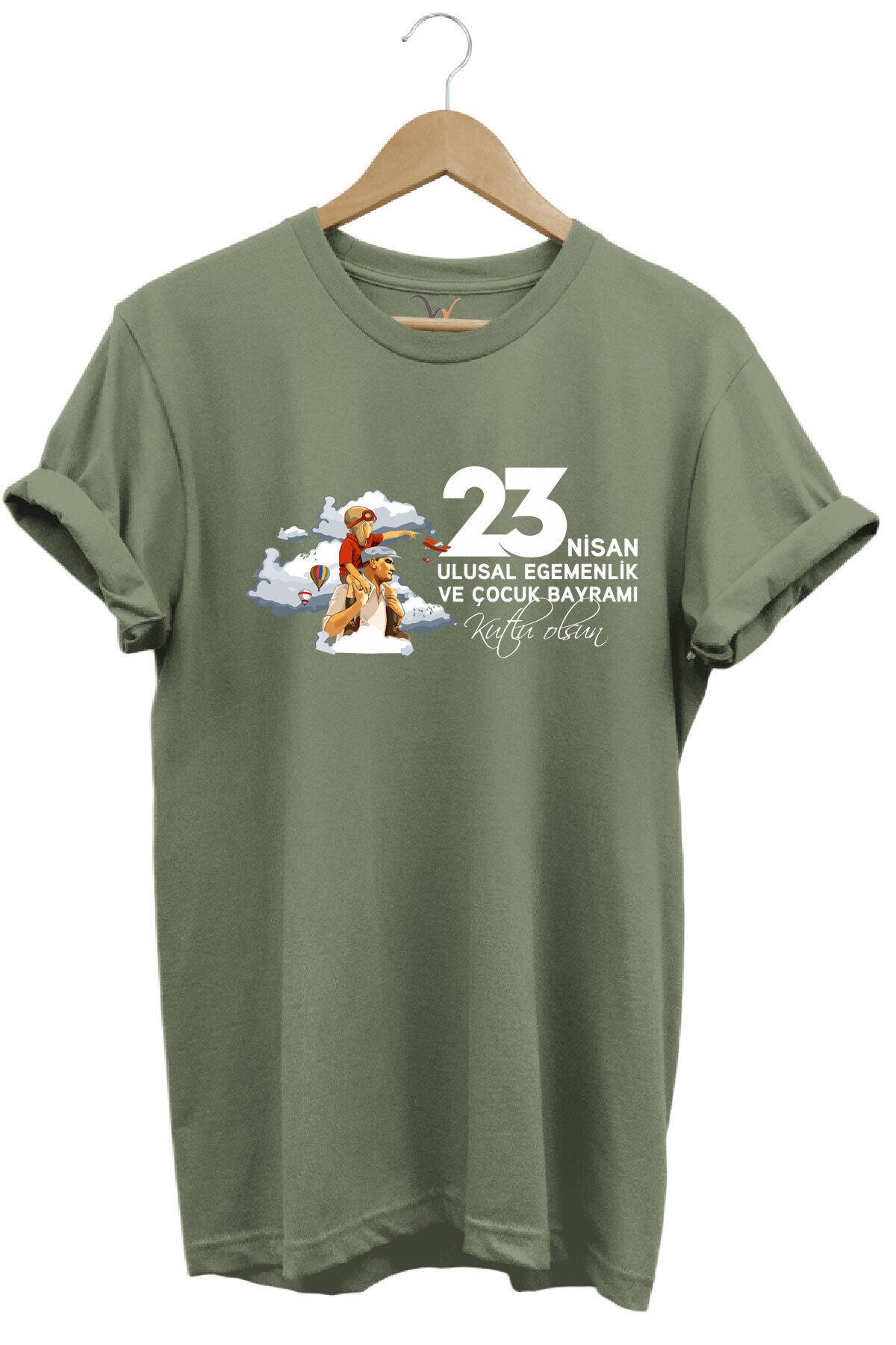 23 Nisan Çocuk Bayramı Mustafa Kemal ATATÜRK Baskılı %100 Pamuk Regular Fit Bisiklet Yaka T-Shirt Haki - M