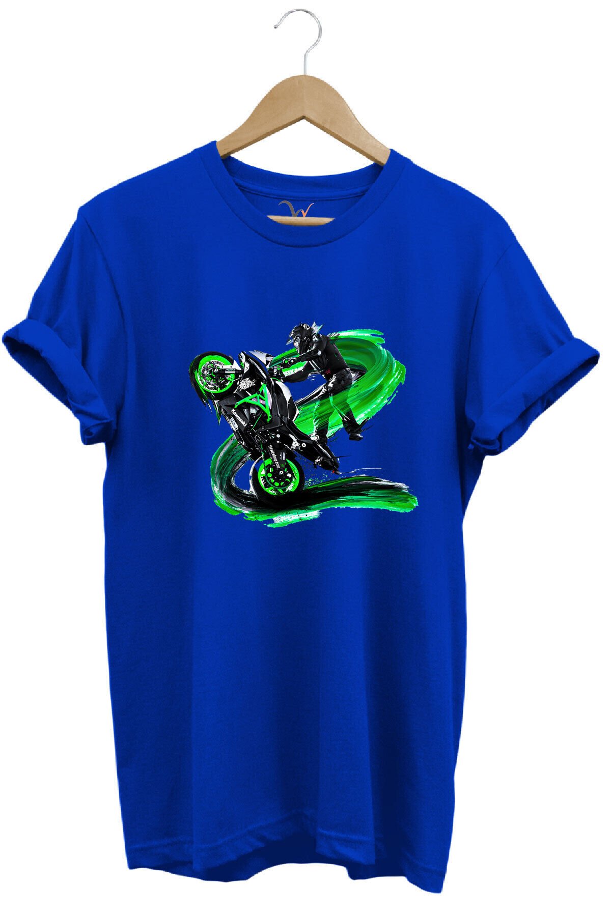 Racing Motosiklet Baskılı Ön Kaldıran Motorcu %100 Pamuk Regular Fit Bisiklet Yaka Turuncu T-shirt Mavi - XL