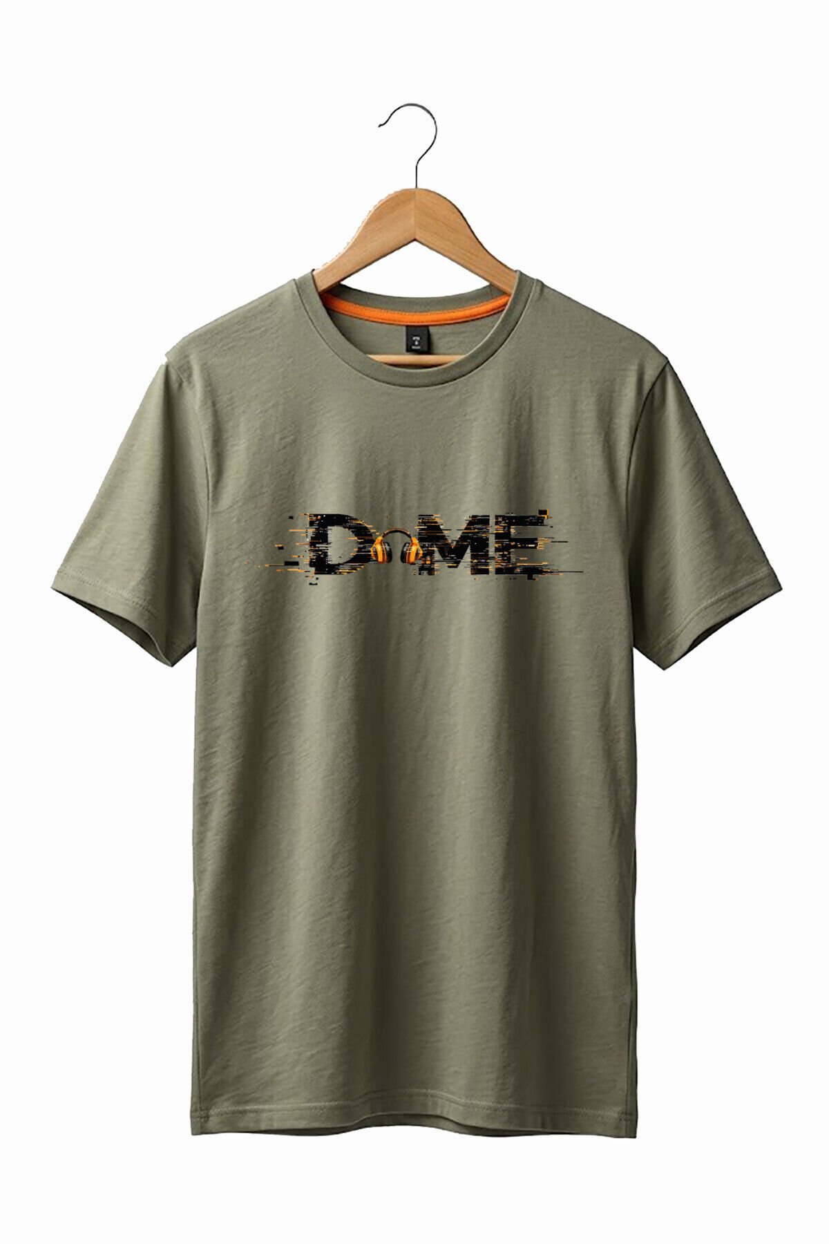 Unisex Müzik Temalı DOME Yazılı Kulaklık Figürlü Glitch Tasarım Sokak Stili %100 Pamuk Basic T-Shirt Haki - XL