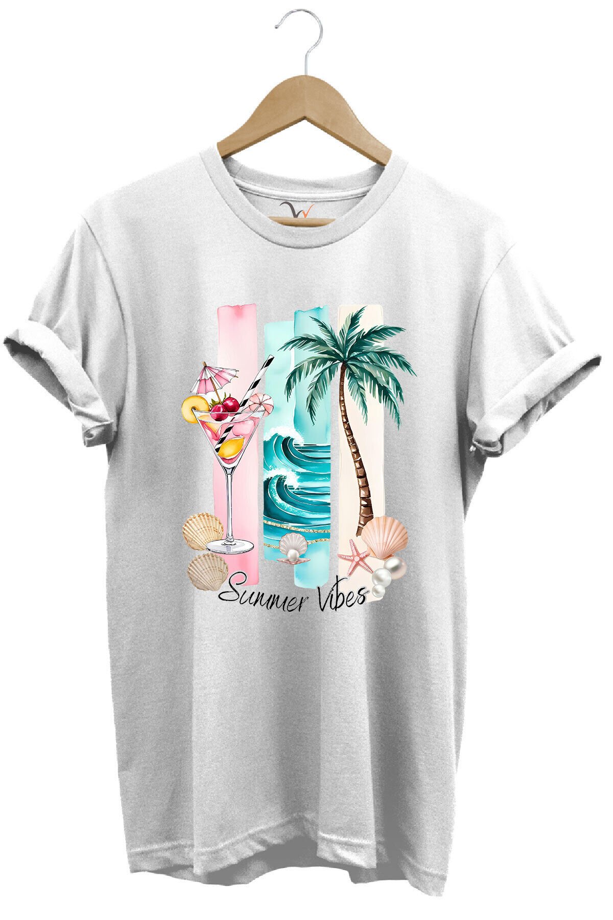 Summer Vibes Yaz Temalı Kokteyl, Palmiye ve Deniz Desenli %100 Pamuk Regular Fit T-Shirt Beyaz - XL